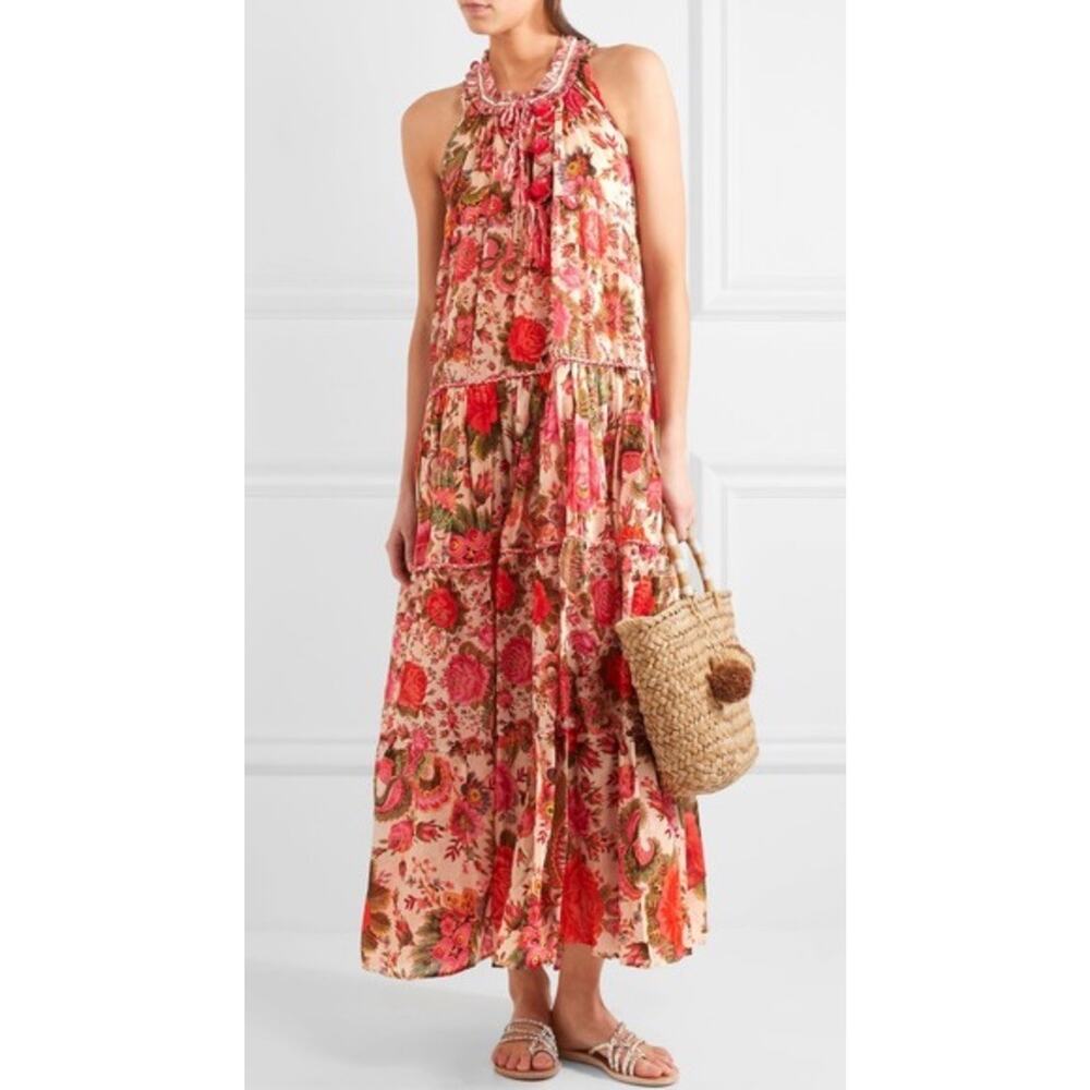 Anjuna Clotilde Pink Floral Cotton Maxi Dress Boho Tassel Tiered XS S Italy